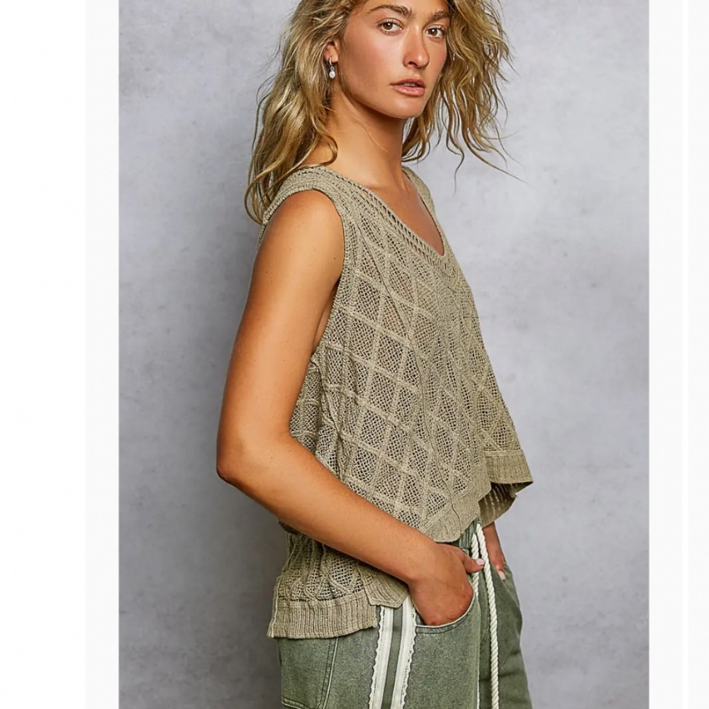 POL Knit Crochet V-Neck Sleeveless Tank Top in Olive - Picture 6 of 8